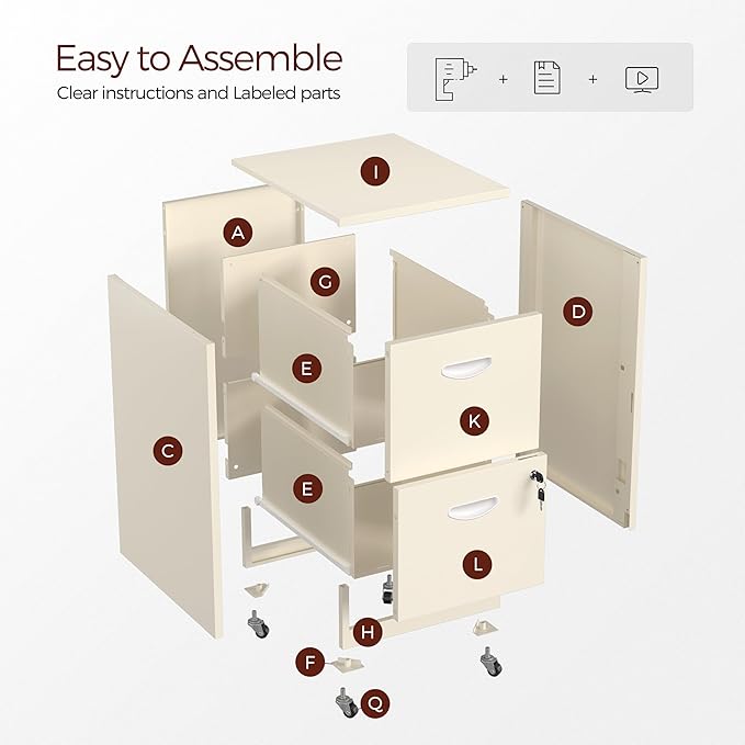 Kubohogar 2 Drawer Mobile File Cabinet with Lock, Cream Metal Filing Cabinets with Wheels, Vertical Rolling File Cabinet Fit Hanging Files, Letter and A4 Documents