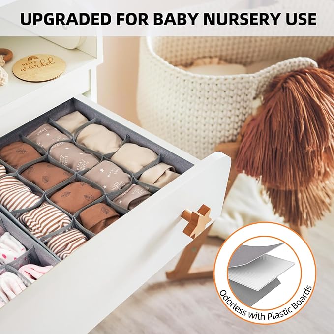 Criusia 6 Pack Large Drawer Organizer for Sock Underwear - Washable Heavy Duty Fabric Closet Organizers and Storage Bins - 90 Cells Dresser Organizer Divider for Baby Clothes, Ties, Belt (Grey)