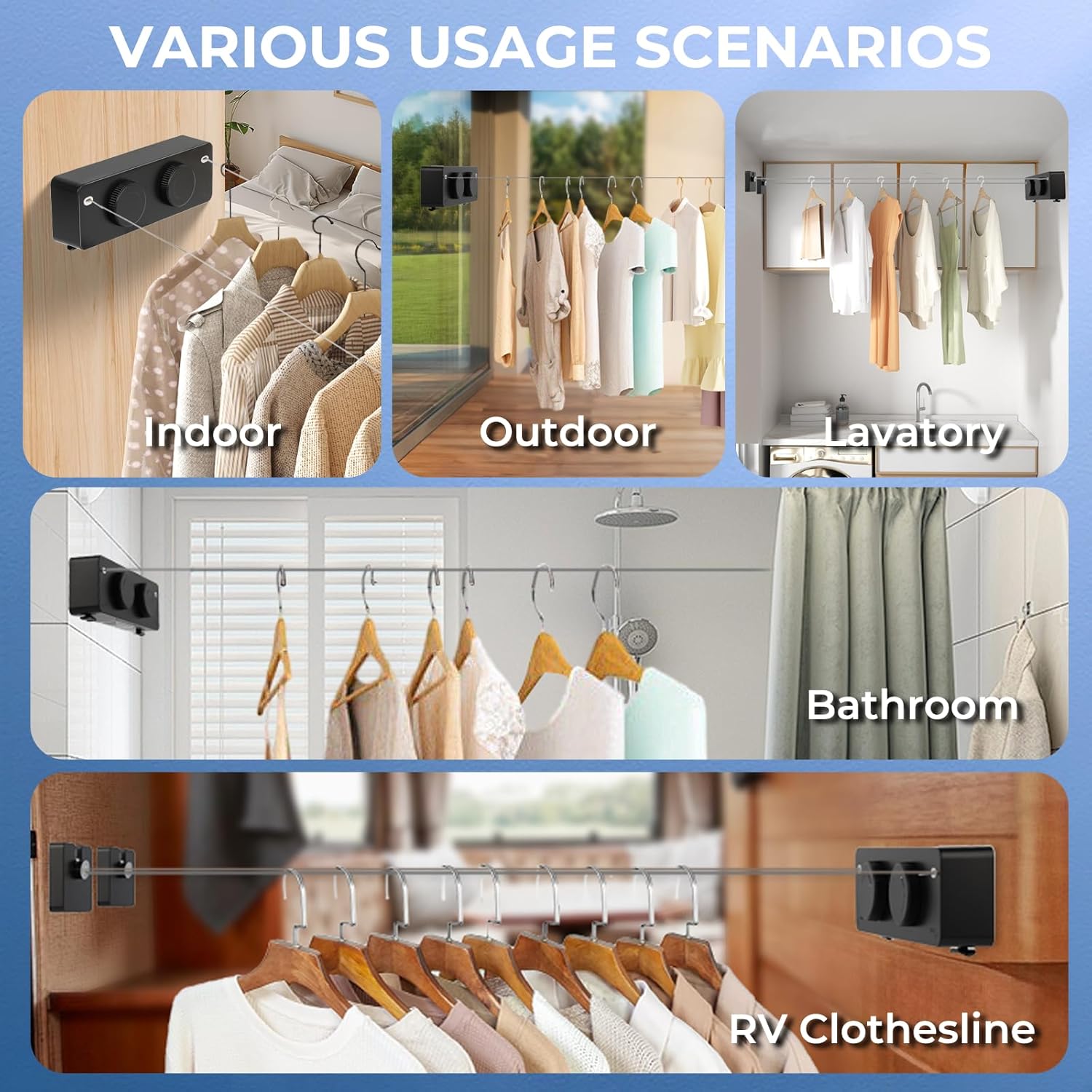 Retractable Clothesline Indoor Outside Heavy-Duty, Upgrade 304 Double Stainless Steel Shower Room Clothes line, Fit Rv Balcony Courtyards Indoor Drying Rack Clothesline, 13.8ft