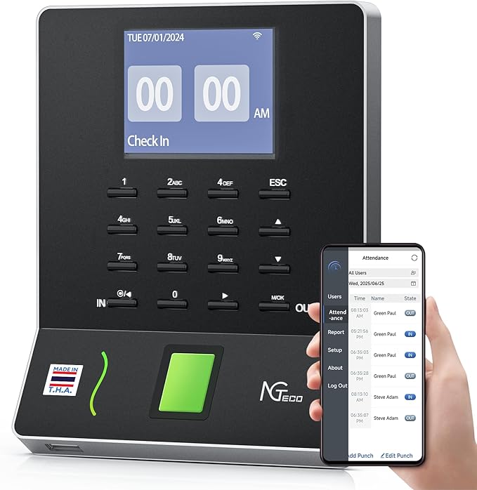 NGTeco APP Time Clock, Fingerprint & PIN Times Clock for Small Business, Biometric Clocks in Machine for Employees with iOS/Android App, No Monthly Fee, 2.4GHz WiFi, Black
