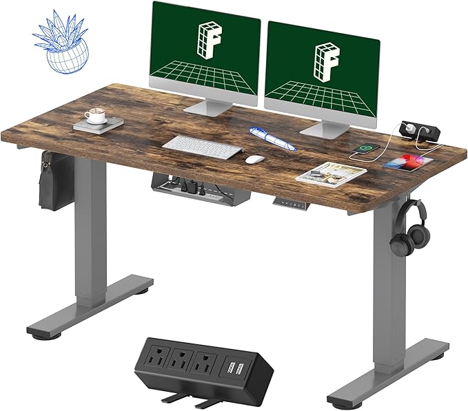 FLEXISPOT EN2 Whole-Piece Standing Desk with Clamp Power Strip, 55 x 28 Electric Stand Up Height Adjustable Desk with Cable Management (Gray Frame + 55" Rustic Brown Desktop, 2 Packages)