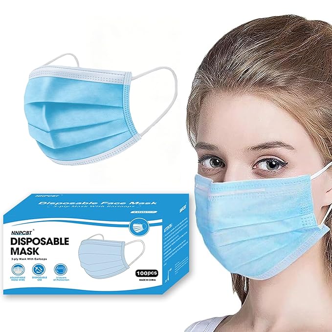NNPCBT Blue Disposable Face Masks 100 Pack, 3-Ply Breathable Mask by NNPCBT