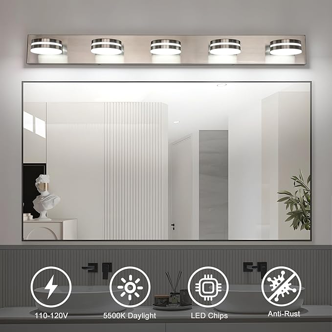 Brushed Nickel Bathroom Light Fixtures Over Mirror, 5-Light Bathroom Vanity - Image 6