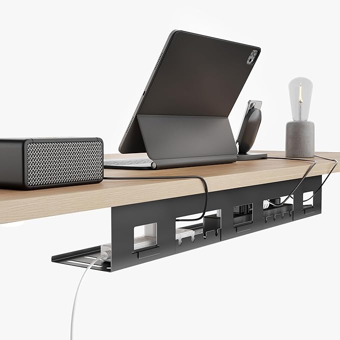 PEGZONE Under Desk Cable Management Tray, 31.5 Inches Metal Cord Organizer Rack, Desk Tray for Power Strip, Cord, Wire, Easy Mounting Cable Management Under Table for Home Office, Black