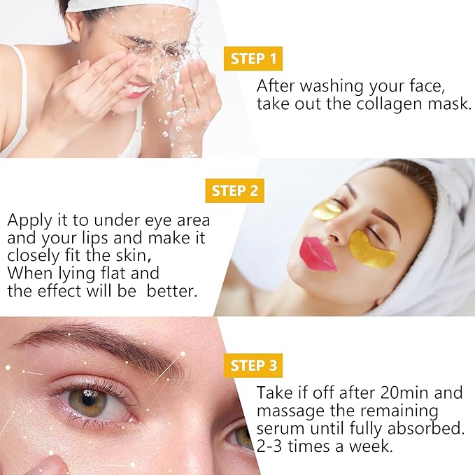 Permotary 30 Pairs 24K Gold Eye Masks & Lip Mask, Under Eye Patches and Lip Pads - Image 5