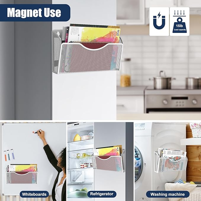 3 Pcs Magnetic File Holder for File Cabinets, Folder Holder Organizer- No Drilling Paper Document Holder, Large Capacity Office Hanging Magazine Rack for Refrigerator, Whiteboard, Office, Kitchen