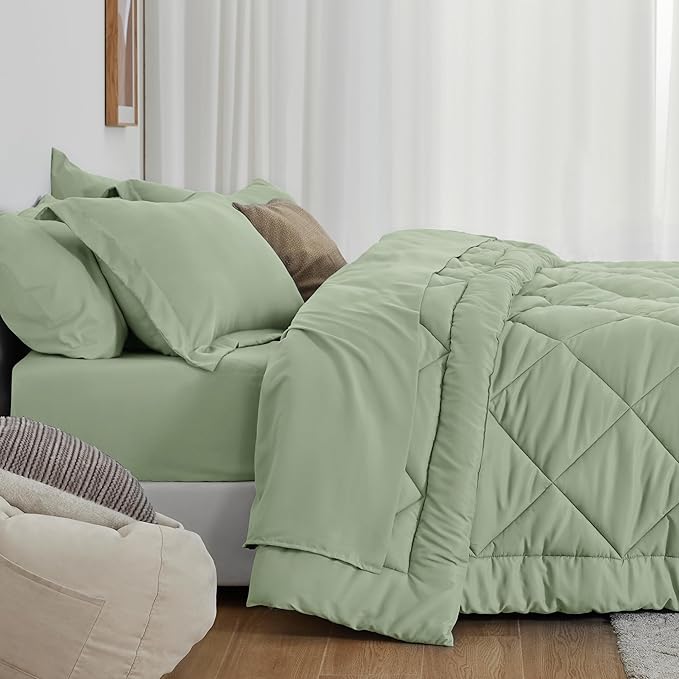Love's cabin Queen Comforter Set Sage, 7 Pieces Queen Bed in a Bag, All Season - Image 3