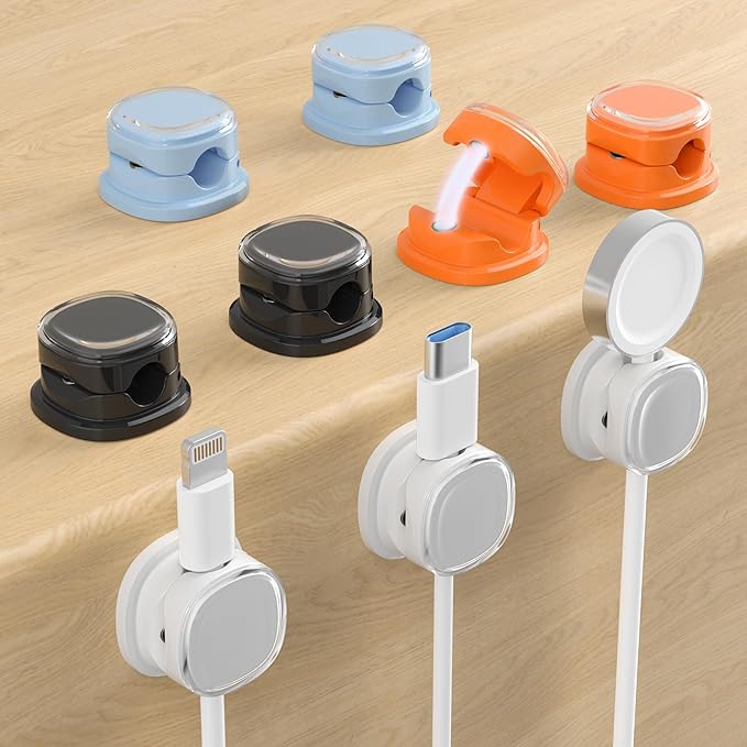 Magnetic Cable Clips, Adjustable Cord Holder Management, Adhesive Wire Keeper Organizer for Home Office Desk Phone PC Car Wall Desktop Nightstand Appliance (9-PCS White_Black_Orange_Blue)