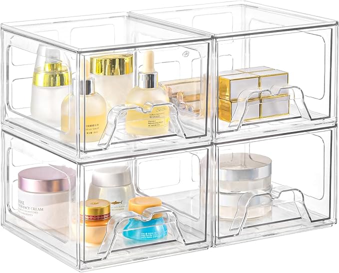 Stebopum 4 Pack Stackable Makeup Organizer, 4.4'' Tall Acrylic Bathroom Makeup Organizer and Storage Drawer with Pull-out Handle, Clear Plastic Storage Bins for Vanity,Pantry,Desk,Undersink,Kitchen