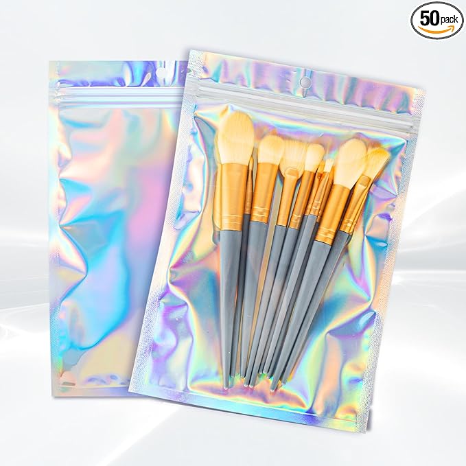 5.5x7.8 inch Holographic Packaging Bags, Resealable Foil Pouch Mylar Sample Bag Great for Small Business and Party Favor Food Storage（50 Pcs-5.5x7.8 in）Holographic Color