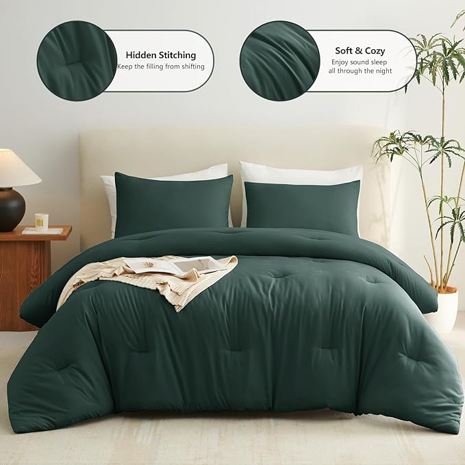 CozyLux Oversized Queen Comforter Set Forest Green, 3 Pieces 98x98 Solid - Image 2