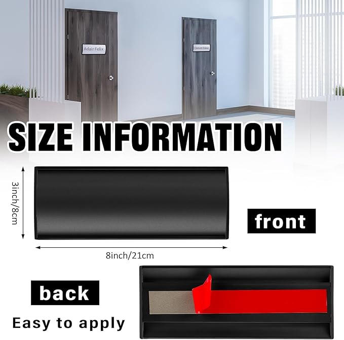 Therwen 6 Pcs Aluminum Office Name Plate Holder for Door Wall Mount 8'' x 3'' Business Sign Holder Office Door Sign Sturdy Curved with Plastic Film and Adhesive Tape (Black)