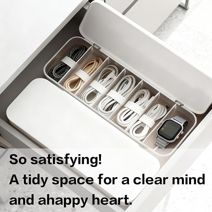 Cord Organizer Box with Lid, 7 Compartment Cable Management with 7 Wire Ties, Dustproof Cable Storage Box for Office & Home, Wire Hider for Computer Desk, Charger Cables, Power Cords (1pack)