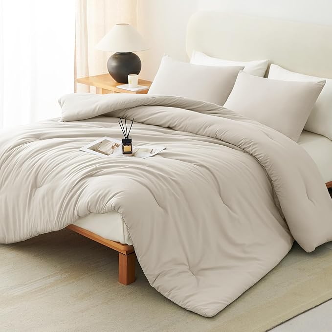 CozyLux Full Size Comforter Set Beige, 3 Pieces Solid Breathable Quilted by CozyLux