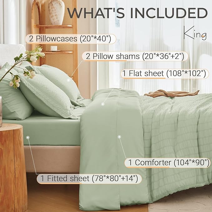 MUXHOMO 7 Pieces King Comforter Set, Seersucker Bed in a Bag King Size - Image 4
