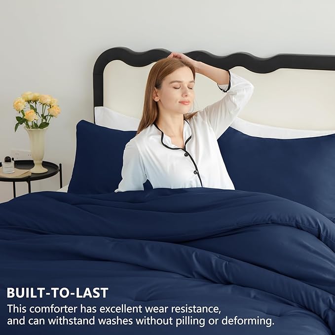 CozyLux Oversized Queen Comforter Set Navy Blue, 3 Pieces 98x98 Solid - Image 2