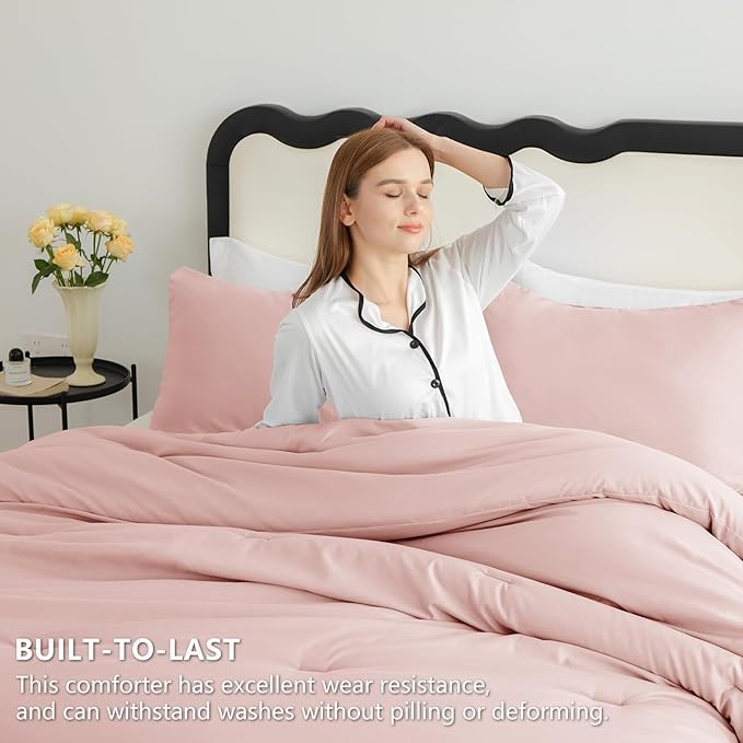 CozyLux Queen Comforter Set Blush Pink, 3 Pieces Solid Comforters Queen Size - Image 3