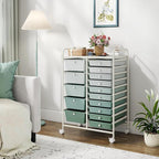 GOFLAME 15-Drawer Rolling Storage Cart, Craft Storage Cart with Removable Drawers & Lockable Wheels, Art Cart Supply Storage Organizer for Home Office Classroom, Green Gradient