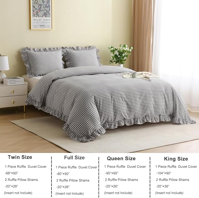 Silnuo Grey/White Checkered Ruffle 3-Piece Duvet Cover Set King Size, Washed - Image 4