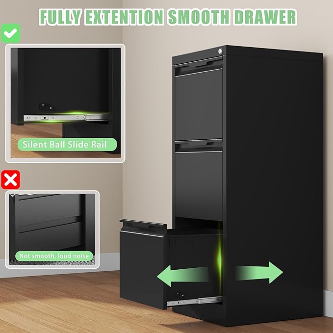 3-Drawer File Cabinet with Lock,Metal Vertical Filing Cabinets for Home Office,Under Desk File Cabinets for Letter/Legal/A4 Size Files,Easy Assemble,Black