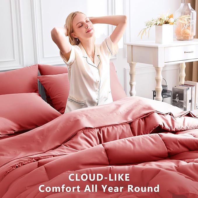 CozyLux Queen Comforter Set Coral, 7 Pieces Bed in a Bag, Coral Comforters - Image 4