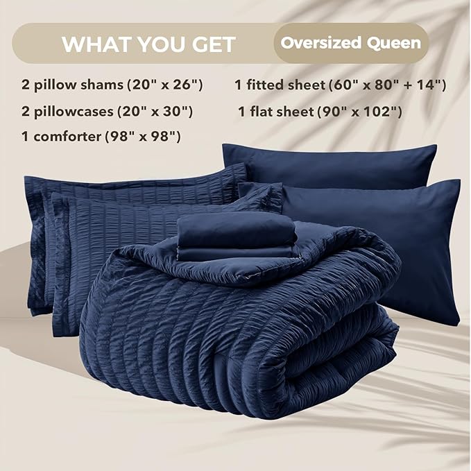 HYMOKEGE Navy Blue Oversized Queen Comforter Set Seersucker 7 Pieces, All - Image 4