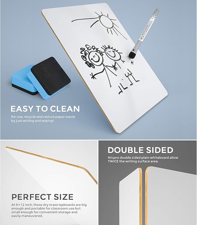 Nicpro Dry Erase Lap Board 9 x 12 inches 2 Pack Double Sided Blank Small Lapboard with 8 Pens, 2 Eraser, Learning Mini Whiteboard Portable Drawing Board for Student and Classroom Use