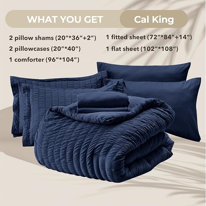 HYMOKEGE Navy Blue California King Comforter Set Seersucker 7 Pieces, All - Image 6