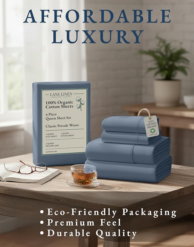 LANE LINEN 100% Organic Cotton Queen Sheets Set, Fully Elasticized Machine - Image 8