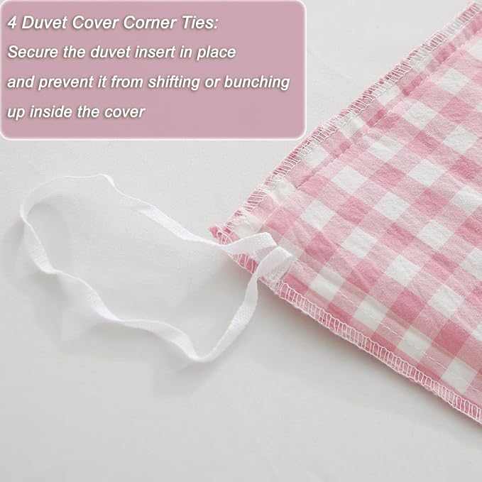 Silnuo Vintage Pink/White Plaid Ruffle 3-Piece Duvet Cover Set Full Size - Image 6