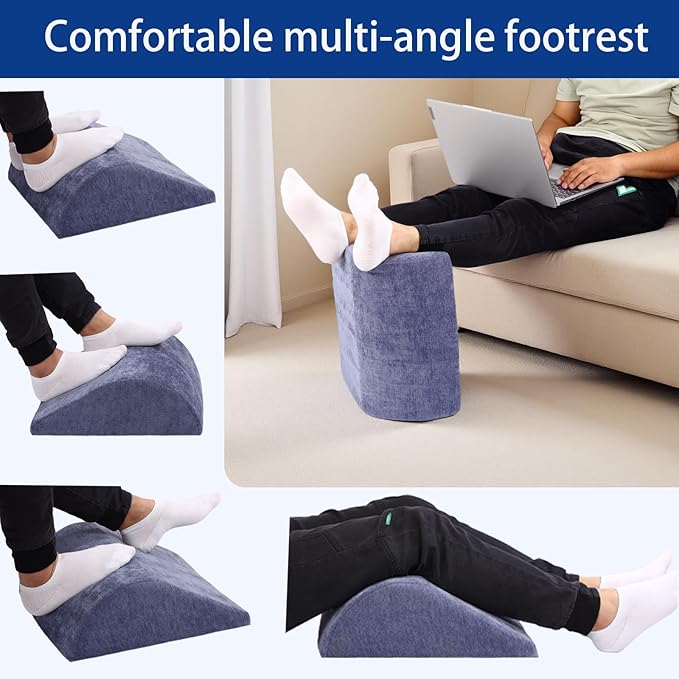 Opuvidity Foot Rest for Under Desk at Work, Ergonomic Under Desk Footrest with Washable Cover for Office, Home & Gaming Leg Elevation Pillow Blue