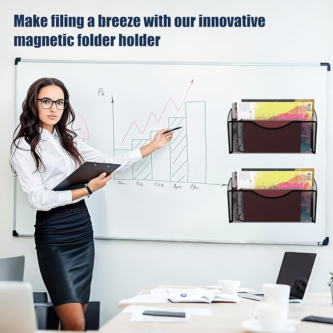 Magnetic File Holder 3 Pockets File Folder Organizer, Office Hanging Magazine Rack for File Cabinets, Magnetic Paper Holder, No Drilling Mail Organizer for Refrigerator, Whiteboard, Office, Kitchen