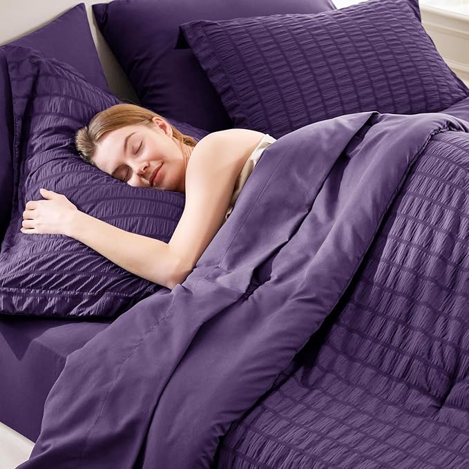 CozyLux Queen Comforter Set Purple Seersucker 7 Pieces Bed in a Bag Queen - Image 5
