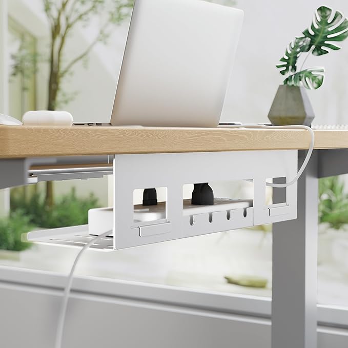 PEGZONE Under Desk Cable Management Tray, 15.7 Inches Metal Cord Organizer Rack, Desk Tray for Power Strip, Cord, Wire, Easy Mounting Cable Management Under Table for Home Office, White