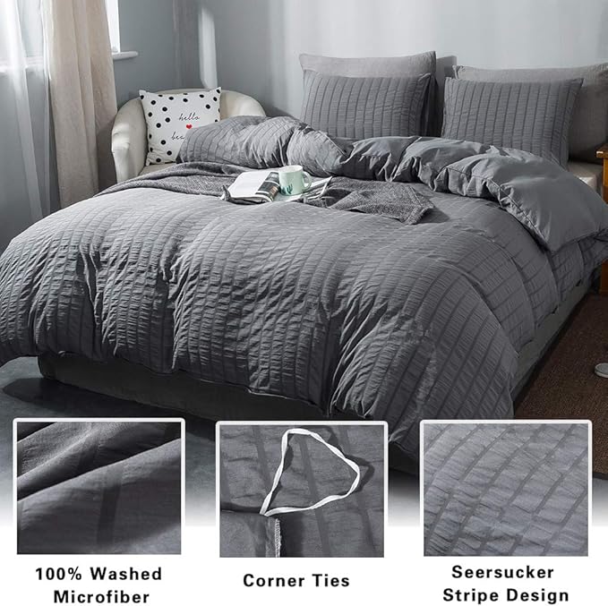 AveLom Dark Gray Duvet Cover Twin Size，2 Pieces Stripe Textured Soft Washed - Image 2