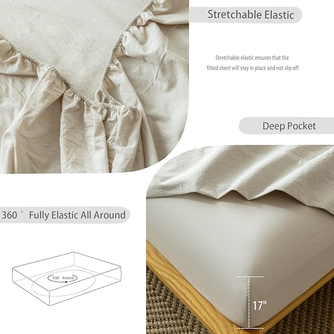 MooMee Fitted Bottom Sheet Only 100% Washed Cotton Linen Like Textured - Image 4