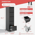 IKIMI 5 Drawer Locking File Cabinet with Wheels,Metal Mobile Filing Cabinets,Black Vertical File Cabinet for Home Office,Heavy Duty Storage Cabinet for A4/Letter/Legal Size File,Assembly Required