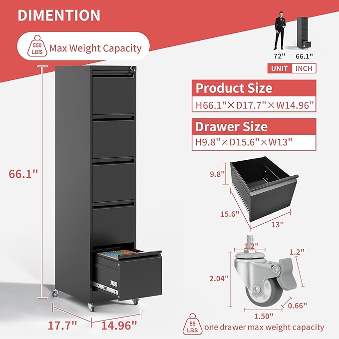 IKIMI 5 Drawer Locking File Cabinet with Wheels,Metal Mobile Filing Cabinets,Black Vertical File Cabinet for Home Office,Heavy Duty Storage Cabinet for A4/Letter/Legal Size File,Assembly Required
