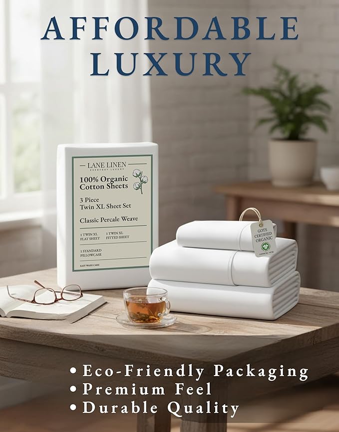 LANE LINEN 100% Organic Cotton White Twin XL Sheets Set 3-Piece Pure Percale - Image 8