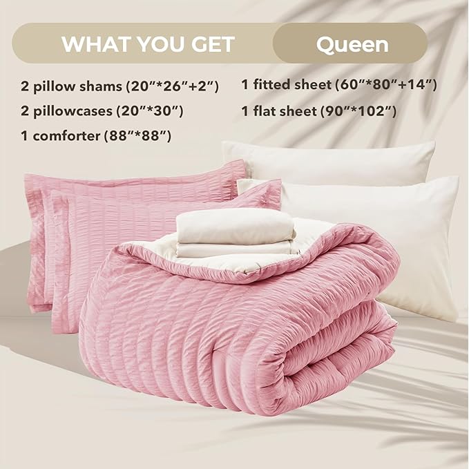 HYMOKEGE Pink/Ivory Queen Comforter Set Seersucker 7 Pieces, All Season Luxury - Image 6