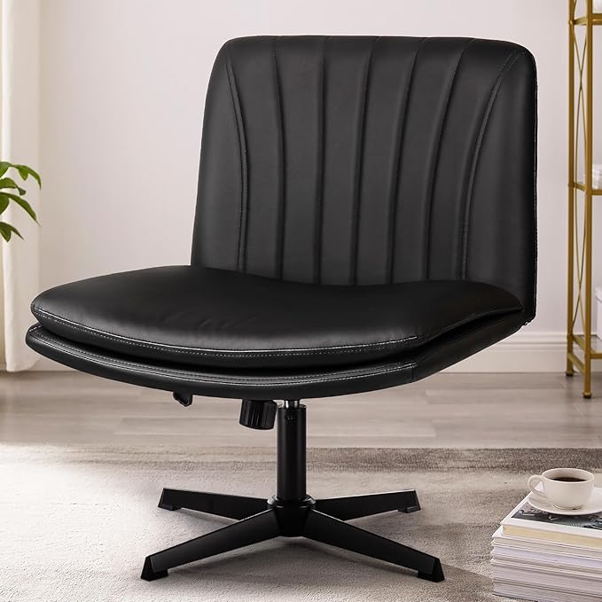 PUKAMI Criss Cross Legged Office Chair,Armless Office Desk Chair No Wheels,PU Leather Modern Swivel Vanity,Height Adjustable Wide Seat Mid Back Computer Task Chair for Home Office