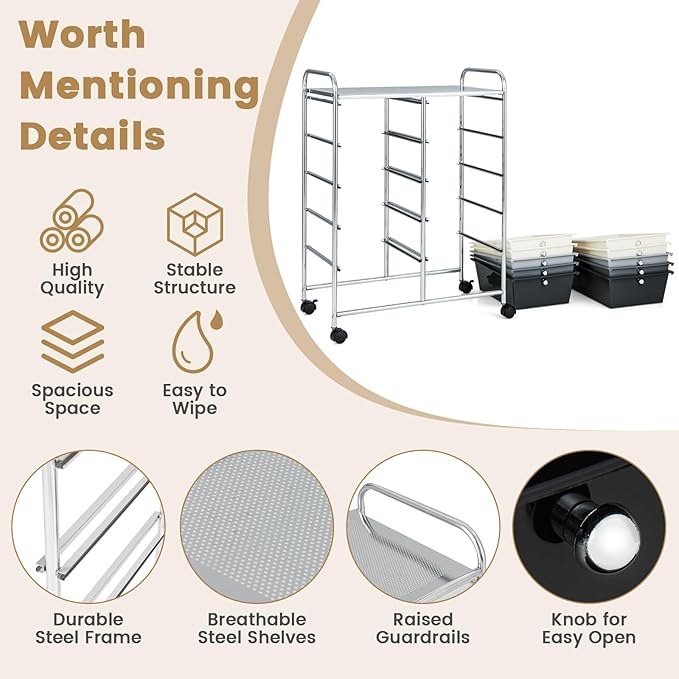 HAPPYGRILL 10-Drawer Rolling Storage Cart, Storage Organizer Cart with Lockable Wheels, Beauty Salon Movable Utility Cart for School, Office, Home, (Grey Gradient)