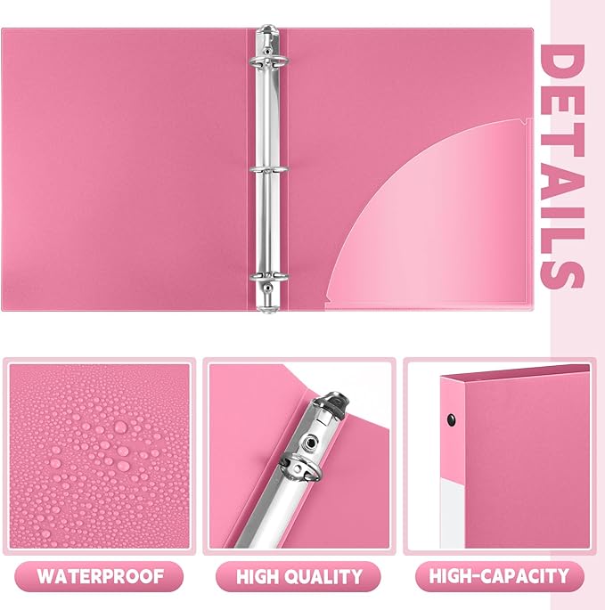 Henoyso 16 Pcs 3 Ring Binder 0.5 Inch Round Fits Letter Size 8.5'' x 11'' Paper Plastic Flexible Binder Bulk Holds 140 Sheets with 1 Pockets Versatile Organizer for Home Office School (Pink)