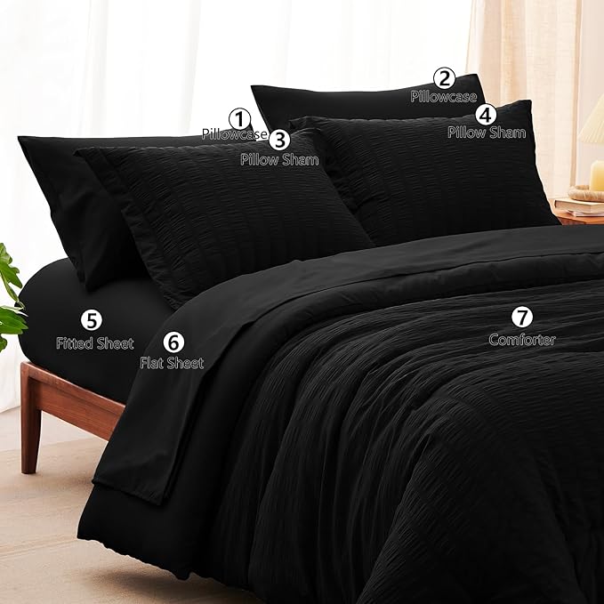 CozyLux Queen Comforter Set Black Seersucker 7 Pieces Bed in a Bag Queen - Image 8