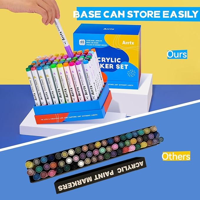 Arrtx Markers Paint Pens 60 Colors, Acrylic Paint Pens Brush Tip for Wood, Canvas, Stone, Rock Painting, Ceramic Surfaces, DIY Crafts Making Art Supplies-with Neon & Metallic & Regular Color