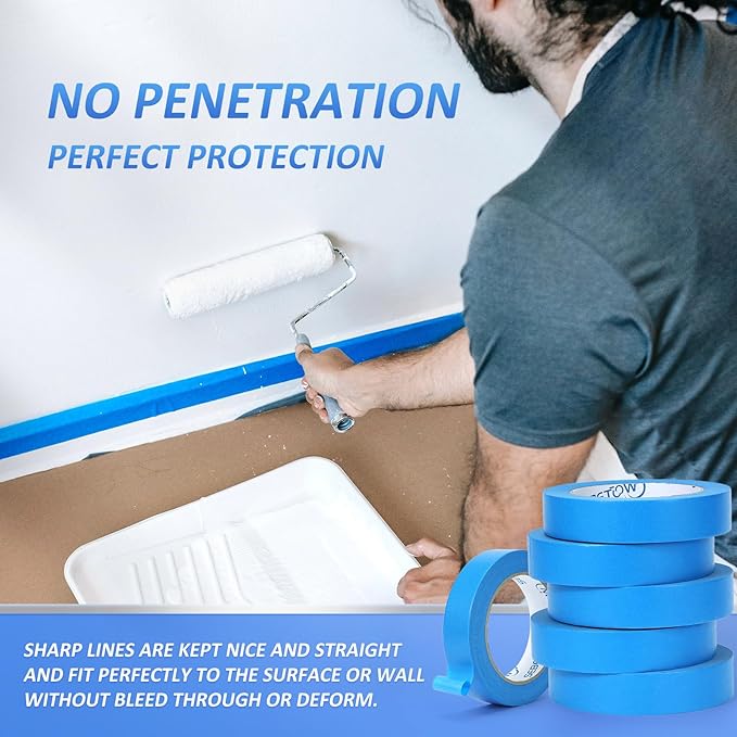 SEBETOW 10 Rolls Painters Tape 1 inch Bulk Painter Tape Blue Wide Roll, Blue Masking Tape, 1 Inches x 55 Yards for General Purpose Wall Painting, Home Improvement
