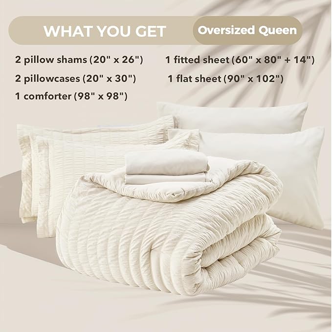 HYMOKEGE Ivory Oversized Queen Comforter Set Seersucker 7 Pieces, All Season - Image 5