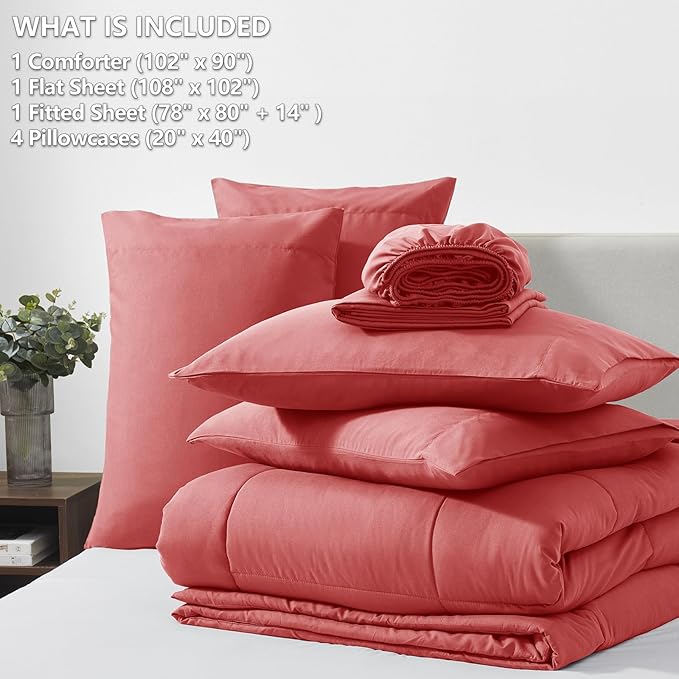 CozyLux King Size Comforter Set Coral, 7 Pieces Bed in a Bag, Coral Comforter - Image 6