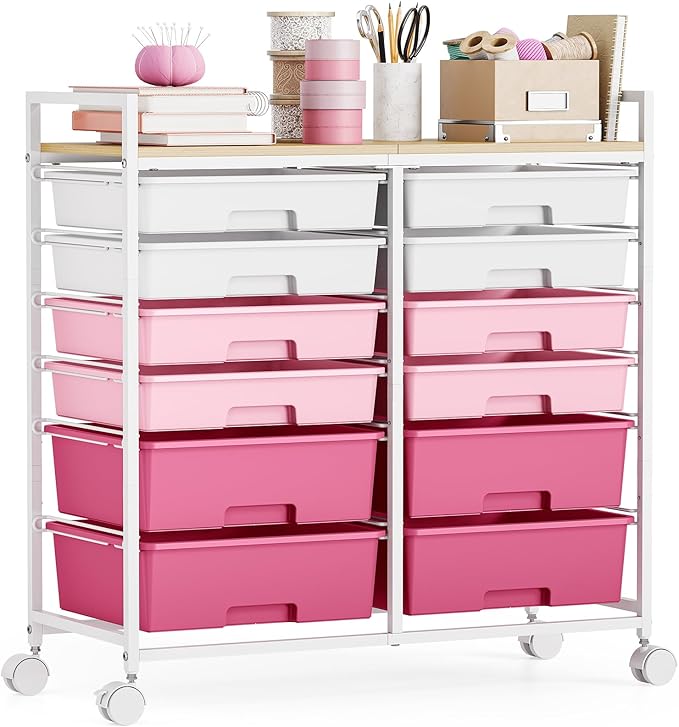 Rolling Storage Cart with 12 Drawers, Wooden Tabletop Utility Cart for Craft Storage, Art Supply Storage & Home Office Organization, Teacher Cart with Wheels for Classroom Organization, School