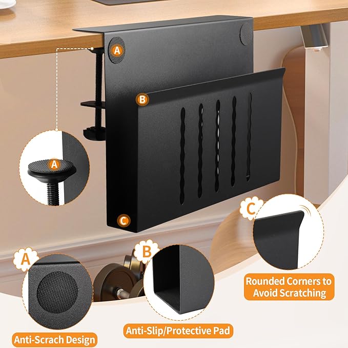 Henitol Desk Side Storage with Pen Holder, No Drill Hanging Desk Organizer Under Desk Storage Mount, Clamp-On Laptop Holder Table Side Tray Desktop Organization for Office and Home (Black)
